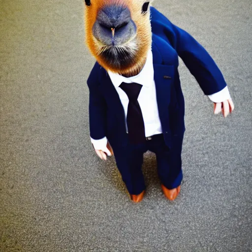 Image similar to a high quality photo of an antropomorphic capybara wearing a suit, 8k, digital art