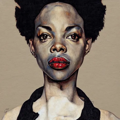 Image similar to portrait of lauryn hill by egon schiele in the style of greg rutkowski