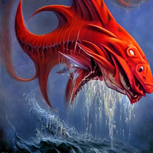 Prompt: detailed wide shot red gyrados in water shooting hyperbeam from fanged mouth angry intricate, hyper detailed, realistic, oil painting, by julie bell, frank frazetta, cinematic lighting