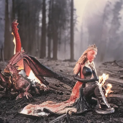 Prompt: beautiful human princess in burned clothes rests after slaying an enormous dragon, highly detailed, 16mm, color film photography