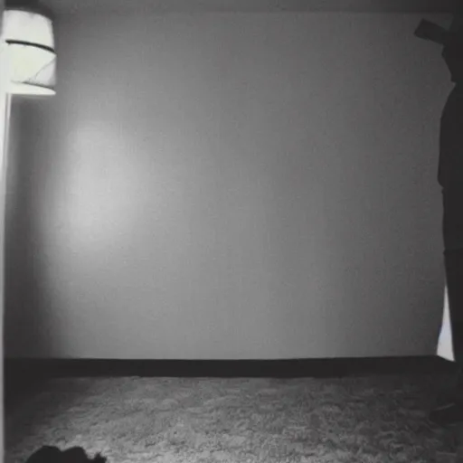 Image similar to a shadow figure standing over the body of a man in a motel room shot on a disposable camera 1 9 7 8 for'real ghost stories magazine ;