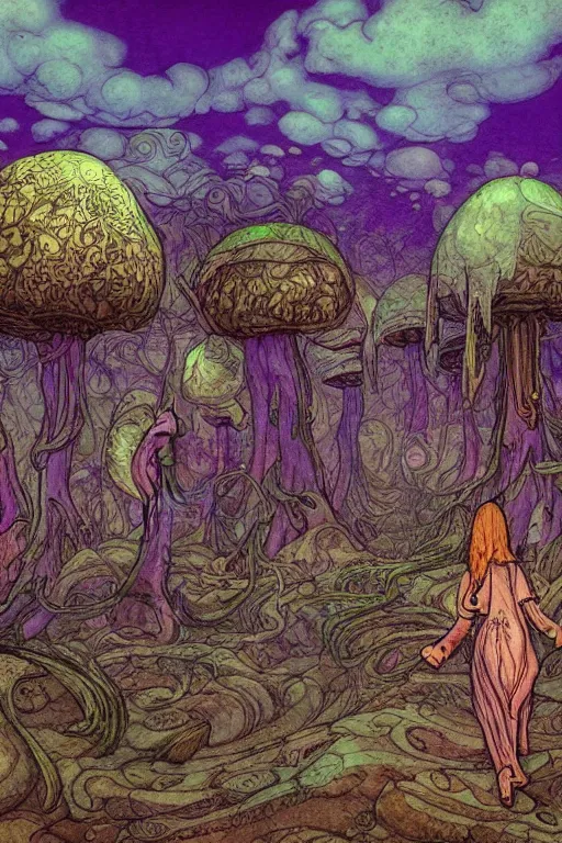 Prompt: mushroomfolk nomads walking through a psychedelic landscape, in the style of Greg Broadmore and Arthur Rackham and Moebius, trending on artstation, light lighting side view,digital art,surrealism ,macro,blueprint ,vaporwave ,