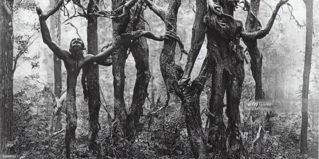 Prompt: Human fused with tree branches in ominous forest, 1900s picture