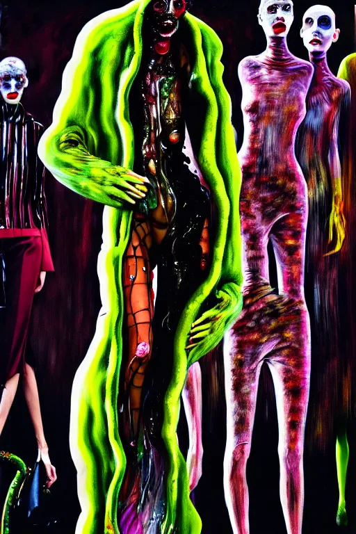 Image similar to crazy fashion catwalk, one model, crazy clothes, biopunk style, horror, clothes look like slime, hauntingly surreal, highly detailed painting by francis bacon, edward hopper, adrian ghenie, gerhard richter, and james jean soft light 4 k,