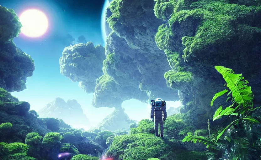 Image similar to a astronaut walking on a alien planet full of alien plants amd animals with a giant blue planet in the sky, hyperrealistic, octane render, unreal engine 5, 8k hdr, highly detailed, high quality, post processed, calm, beautiful landscape, Ferdinand Knab, concept art