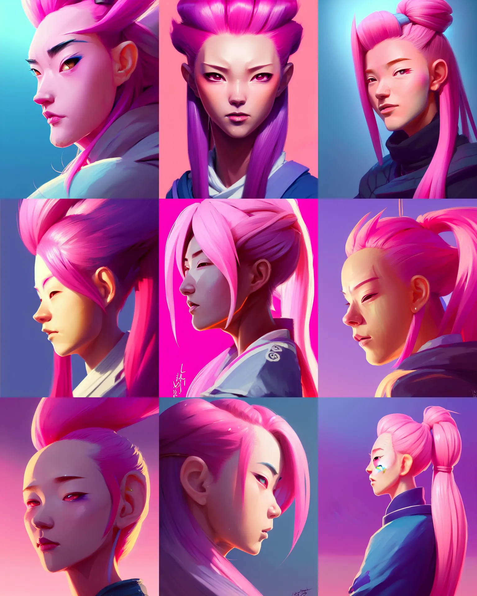 Prompt: profile painted portrait, pink haired samurai girl, bright backlit, key lighting, smooth, gaudy colors, maya render, octane render aesthetic, dota matte painting concept art, official fanart behance hd artstation by jesper ejsing, by rhads and lois van baarle and ilya kuvshinov and rossdraws