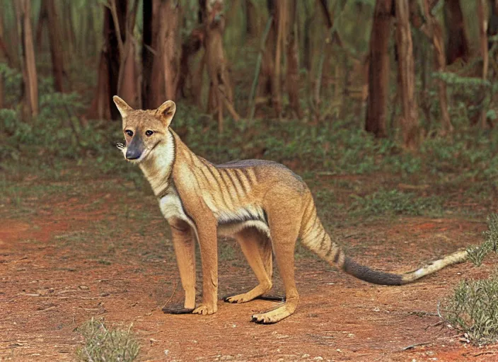 Image similar to photo of a thylacine, distinct animal, thylacine, thylacine, ‘Tasmanian (((tiger)))’, thylacine, detailed fur, long thin tail, long snout, small eyes, marsupial, drinking water from a lake, Australia, HD, National Geographic,