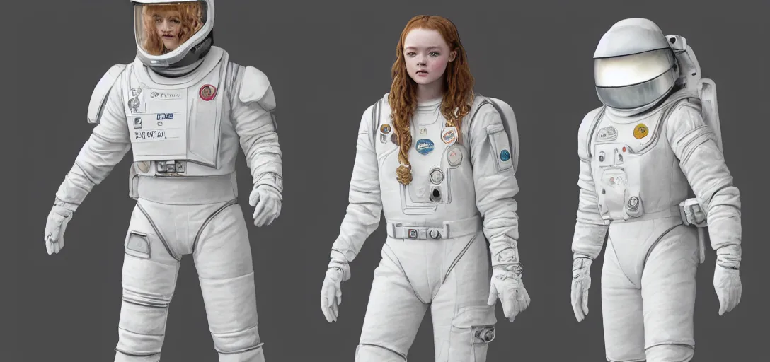 Image similar to character sheet concept art of sadie sink in a modern white spacesuit, realistic, hyperrealistic, photographic, costume, wlop, dan mumford, greg rutkowski, high detail, octane render, alexander mcqueen, james gurney, james jean, mucha, photo, 8 k, intricate