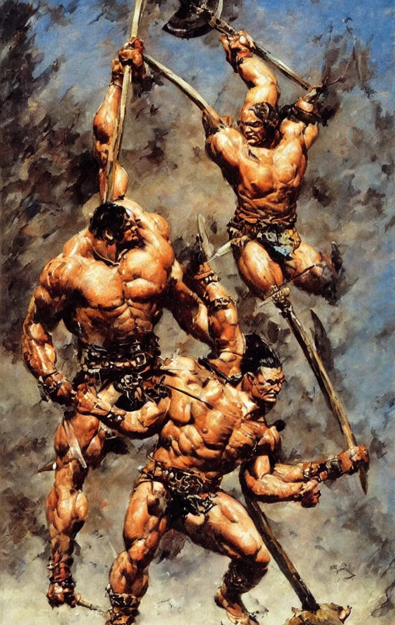 Prompt: a muscular barbarian warrior raising a spear, oil painting by frank frazetta