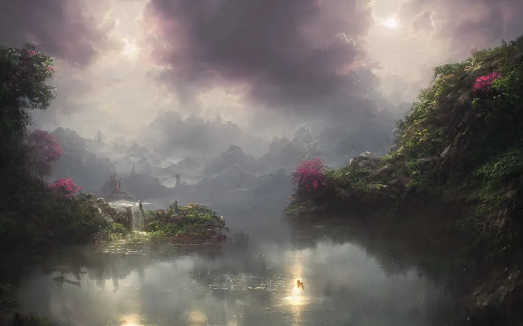 Image similar to ta ha, volumetric lighting, highly detailed, by greg rutkowski, complementing colors, god looking at me, heavy rainy, lofty heavens, water reflection, flowers, hyper realistic, concept art, 8 k detail post - processing, arcane style
