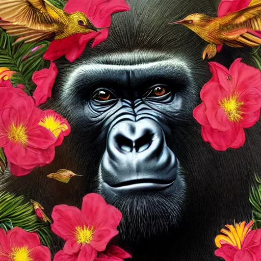 Prompt: half - length portrait of a gorilla surrounded by hummingbirds and fine floral ornaments, eye - level medium - angle shot, intricate, floral background, by esao andrews, by m. w. kaluta, by yoshita amano, intricate, symmetrical, natural lighting, smooth, 3 d octane render, depth perception, 4 k,, artstation