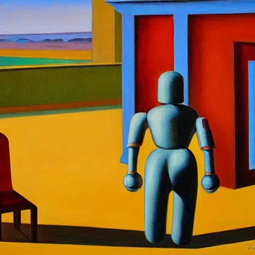 Image similar to robots prostrate jum ah, grant wood, pj crook, edward hopper, oil on canvas