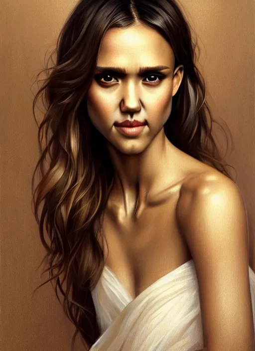 Image similar to half Jessica Alba half Nathalie Portman the pure gorgeous opulent white angel, gorgeous full body portrait, slight smile, diffuse studio lights, autumn lights, highly detailed, digital painting, artstation, concept art, sharp focus, illustration, art by wlop and greg rutkowski and alphonse mucha and artgerm