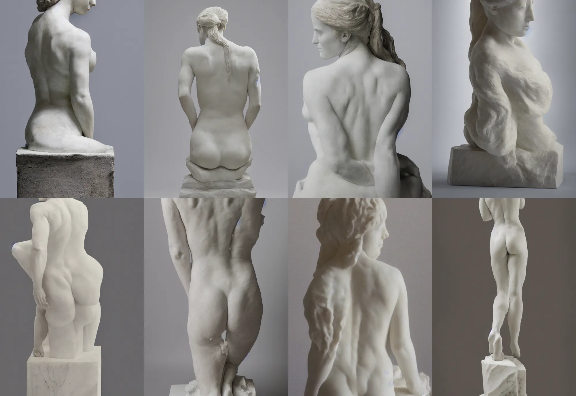 Prompt: sculpture of a woman with long hairs, rodin, white marble, back light