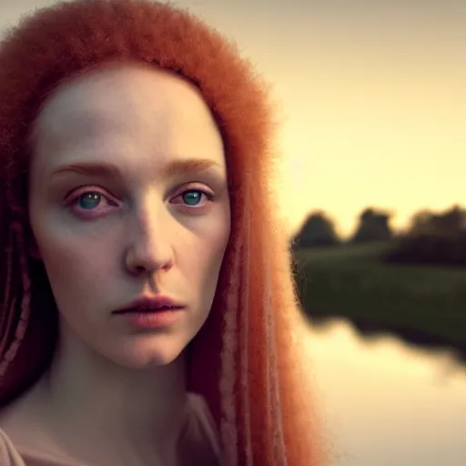 Image similar to photographic portrait of a stunningly beautiful english renaissance female in soft dreamy light at sunset, beside the river, soft focus, contemporary fashion shoot, in a denis villeneuve and tim burton movie, by edward robert hughes, annie leibovitz and steve mccurry, david lazar, jimmy nelsson, extremely detailed, breathtaking, hyperrealistic, perfect face, octane render