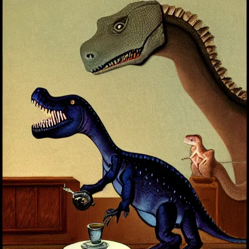 Prompt: a dinosaur drinking tea in the victorian age, portrait