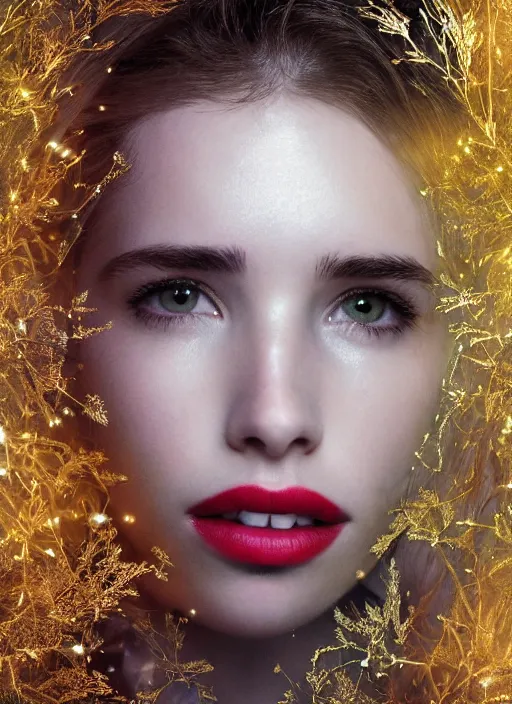 Image similar to glowing silver and golden elements, full close-up portrait, mixture of Emma Roberts, Sairone Miller, Elizabeth Brown Millerstone and Ryan Gosling as a dark witch, book cover, green forest, white moon, red lips, establishing shot, extremly high detail, photo-realistic, cinematic lighting, pen and ink, intricate line drawings, by Yoshitaka Amano, Ruan Jia, Kentaro Miura, Artgerm, post processed, concept art, artstation, matte painting, style by eddie mendoza, raphael lacoste, alex ross