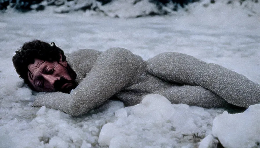 Image similar to 1 9 6 0 s movie still close up of marcus aurelius ill tired frozen to death by the side of a river with gravel, pine forests, cinestill 8 0 0 t 3 5 mm, high quality, heavy grain, high detail, texture, dramatic light, anamorphic, hyperrealistic, detailed hair