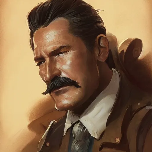 Image similar to a highly detailed epic cinematic concept art CG render digital painting artwork costume design: Errol Flynn as a 1950s sly engineer with a thick moustache. By Greg Rutkowski, Ilya Kuvshinov, WLOP, Stanley Artgerm Lau, Ruan Jia and Fenghua Zhong, trending on ArtStation, subtle muted cinematic colors, made in Maya, Blender and Photoshop, octane render, excellent composition, cinematic atmosphere, dynamic dramatic cinematic lighting, aesthetic, very inspirational, arthouse