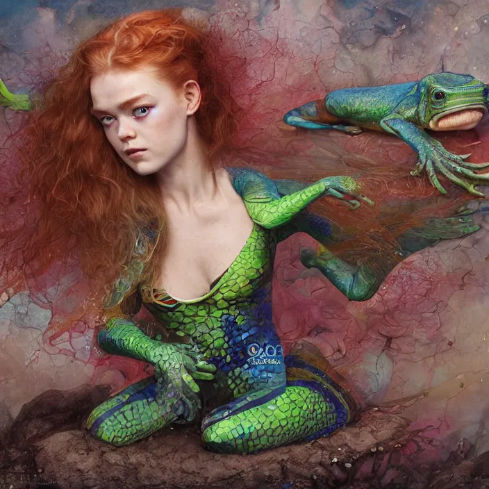 Image similar to a fashion editorial of sadie sink as a brightly colored sphinx amphibian hybrid with wet translucent skin. wearing an growing organic tactical wetsuit. by tom bagshaw, donato giancola, hans holbein, walton ford, gaston bussiere, brian froud, peter mohrbacher and magali villeneuve. 8 k, cgsociety