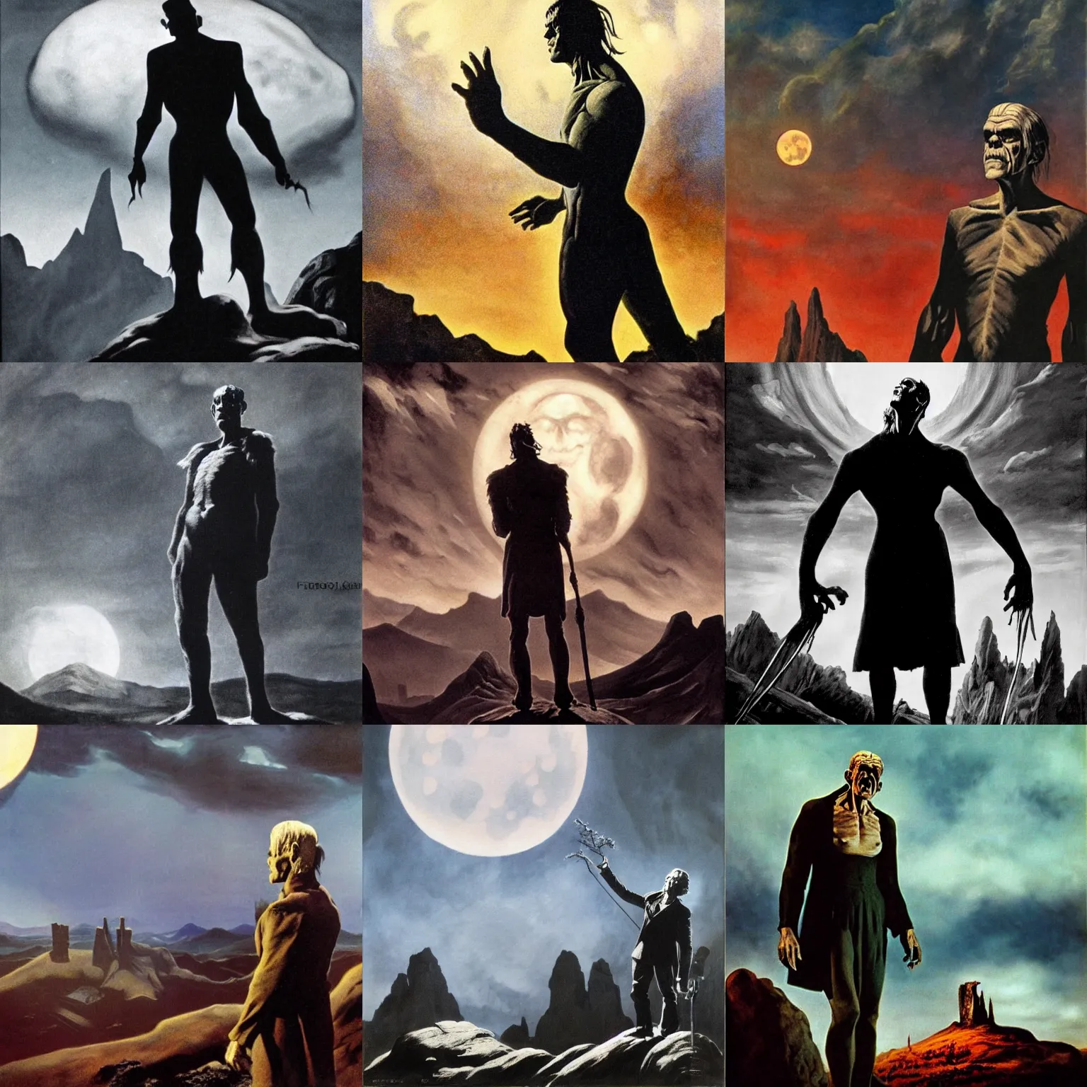 Prompt: boris karloff from the movie frankenstein ( 1 9 3 1 ) is standing on a giant hill, new york panorama in far background, powerful pose, scary, horror, deep night, giant oversized moon backlighting, dramatic sky, shadows on side, cinematic, side light, backlighting, oil painting by frazetta