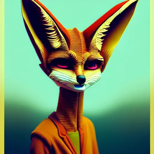 Image similar to long shot of a fennec fox android :: by Martine Johanna and Simon Stålenhag and Chie Yoshii and Casey Weldon and Guillermo del toro and Frank Lloyd Wright :: ornate, dynamic, particulate, rich colors, intricate, elegant, highly detailed, centered, artstation, smooth, sharp focus, octane render, 3d