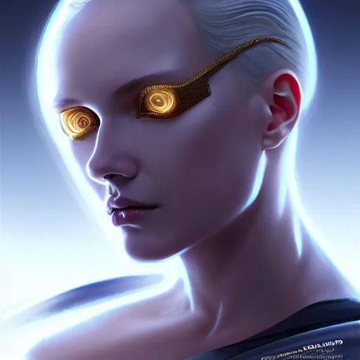 Image similar to futuristic woman android portrait, sci-fi female, striking azure eyes, face, short platinum hair tomboy, cyberpunk femme fatale, intricate, elegant alabaster skin, highly detailed gold filigree, digital painting, artstation, concept art, smooth, sharp focus, illustration, art by artgerm and greg rutkowski and alphonse mucha