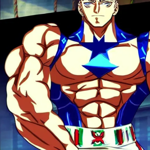 Prompt: putin in jojo bizarre adventure with a fitness muscular body, very anime style