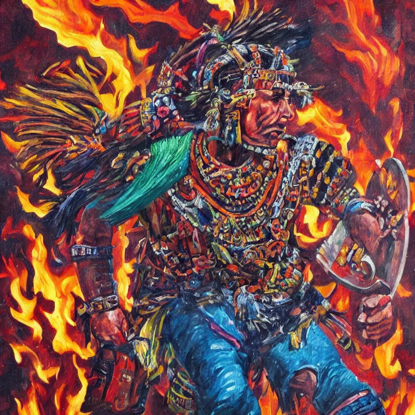 Prompt: colorful oil painting of an aztec warrior running away from a fire