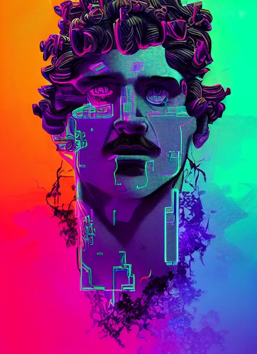 Image similar to portrait of dionysus, beeple, vaporwave, retrowave, black background, neon wiring, black, glitch, strong contrast, cuts, pinterest, trending on artstation