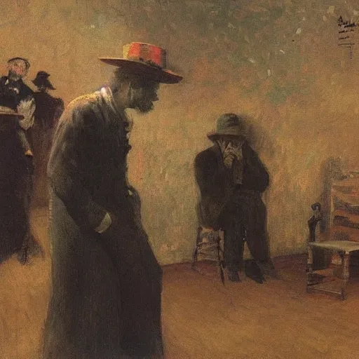 Image similar to A diphenhydramine trip, hat man, spiders, shadows, dark mood, by Ilya Repin