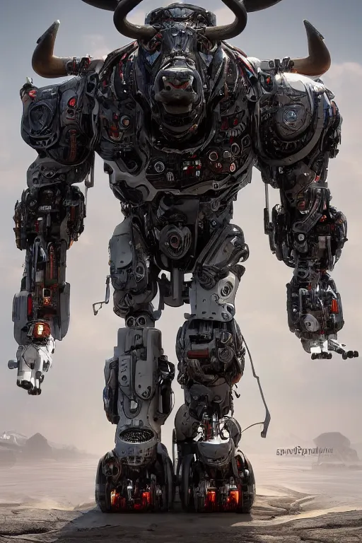 Image similar to a full body shot of a cyborg ( bull ) modeled after a bull looking into the camera, android, cyborg, full body shot, intricate, 3 d, hyper realism, fantasy, depth of field, octane render, symmetrical, highly detailed, digital art, artstation, concept art, cinematic lighting, trending