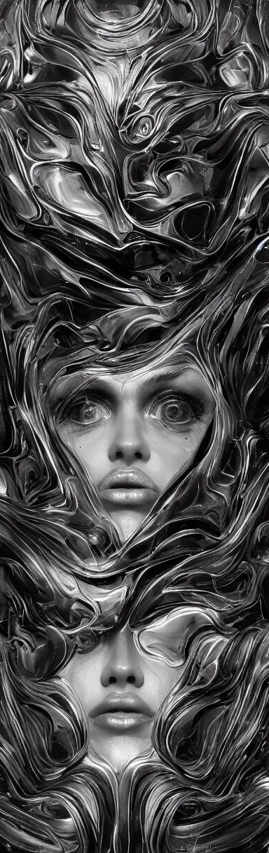 Prompt: epic sketch, digital abstract sculpt of beautiful female face body and black swirling latex acrylic portrait, black latex sculpt, minimalism, mechanical superstructure, sacred geometry, 8 k, cinematic, magic hour, beautiful light, sculpture of carving marble, dark colors, filigree ornaments, one point light, clockwork, epic matte painting, concept art, bokeh, digital painting