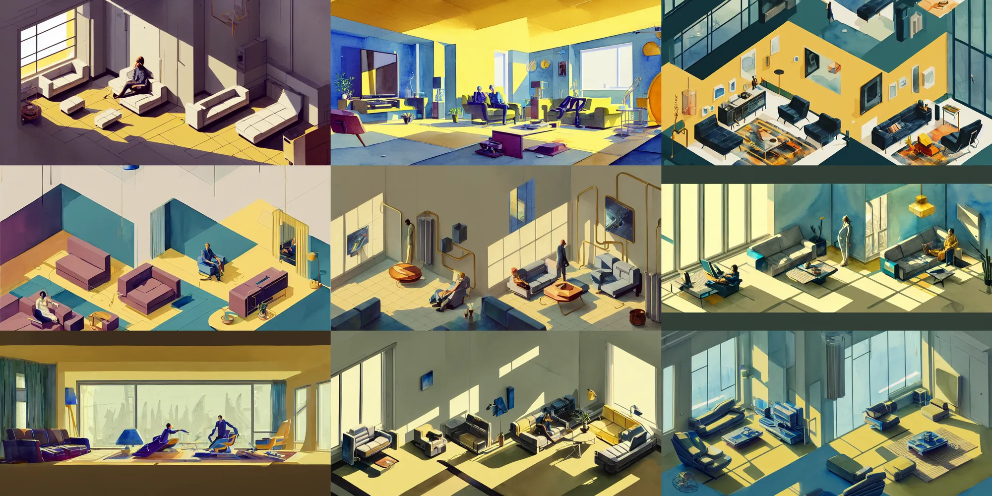 Prompt: a beautiful illustration of futuristic interior layout of living room, isometric, big medium small, golden ratio, in watercolor gouache detailed paintings, in style of syd mead, trending on artstation, 8 k, panel, hard surface, vent, zaha hadid, props, cozy, decoration around the room, simon stalenhag, deus ex
