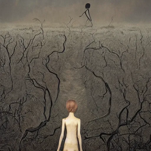 Prompt: slenderman, tan by elliott erwitt, by martin wittfooth aesthetic, highly detailed. a land art of a woman standing in a field of ashes, her dress billowing in the wind. her hair is wild & her eyes are closed, in a trance - like state. dark & atmospheric, ashes seem to be alive, swirling around.