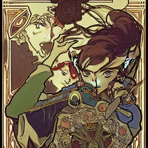 Image similar to a painting of the legend of zelda : breath of the wild by mucha