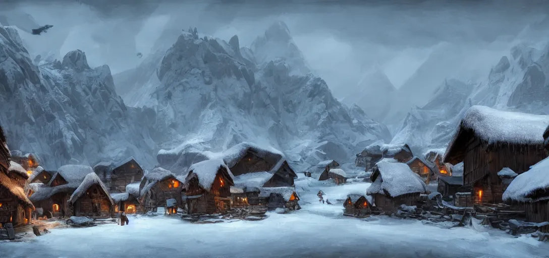 Image similar to mountain village with wooden viking houses in the snow, blizzard, landscape, raphael lacoste, eddie mendoza, alex ross, concept art, matte painting, highly detailed, rule of thirds, dynamic lighting, cinematic, detailed, denoised, centerd