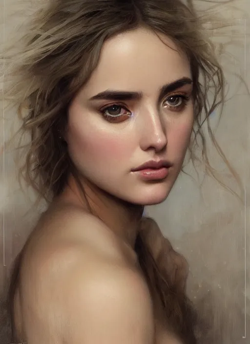 Image similar to beautiful portrait of ana de armas, soft features, by magali villeneuve and greg rutkowski and artgerm and alphonse mucha and jeremy lipkin and rob hay, intricate, elegant, highly detailed, photorealistic, trending on artstation, trending on cgsociety, 8 k, sharp focus