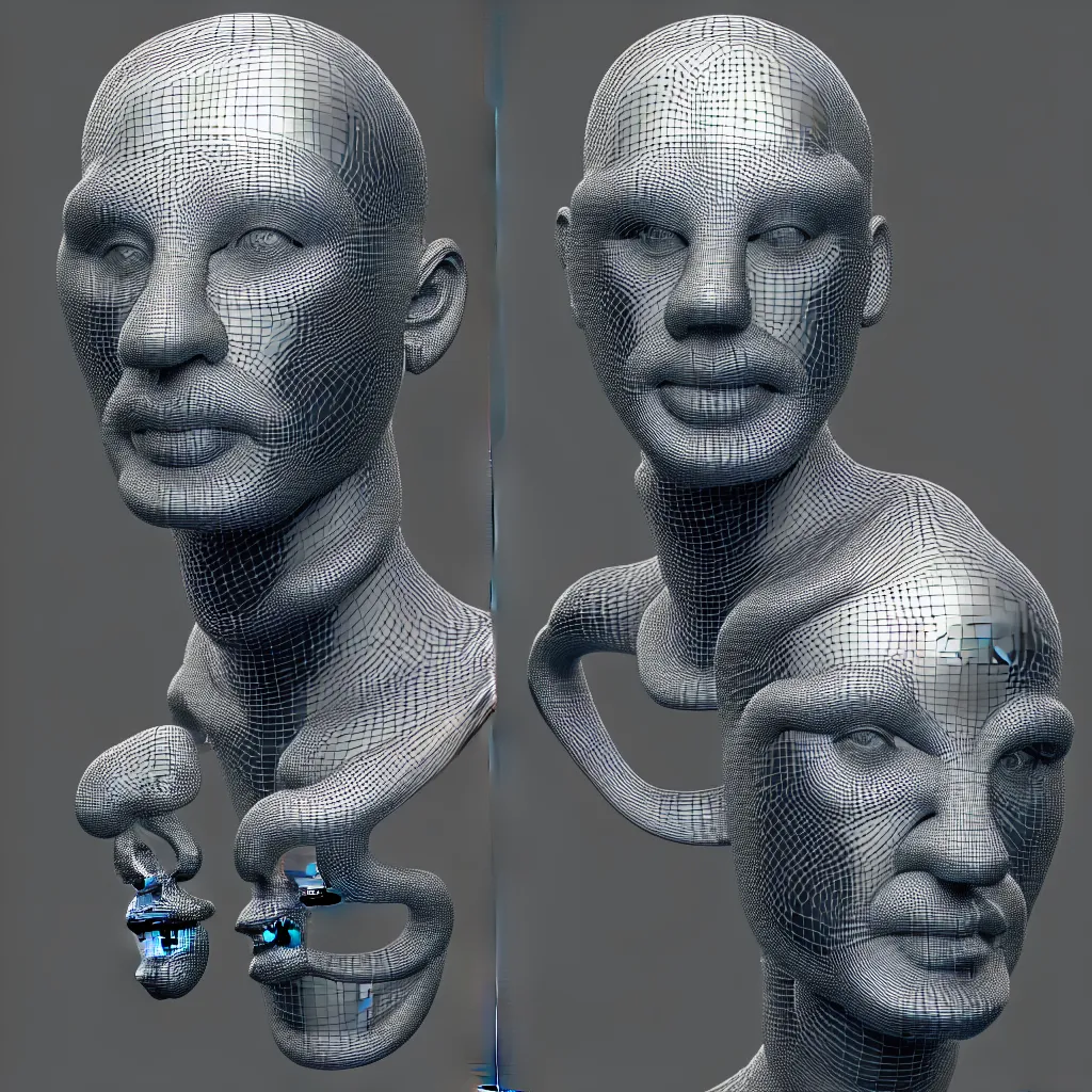 Prompt: 3 d render of an metallic wireframe of a human head, sculpture, chrometype, liquid metal, neotribal, raytraced, volumetric lightning, 8 k, by zhelong xu, tooth wu, wlop, ouchh and and innate studio