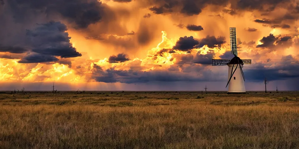 Prompt: photo of a stormy west texas sunset, perfect windmill, lightning, golden hour, high quality, beautiful!!!