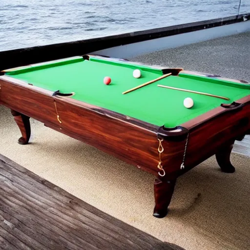 Prompt: a billiards table used as a boat by some people in sailors clothing. rough sea.