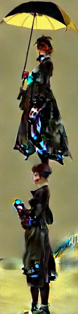 Image similar to A very tall, slender woman wearing black puffy clothes and holding a yellow umbrella, sharp focus, intricate, elegant, digital painting, artstation, matte, highly detailed, concept art, illustration, ambient lighting, art by artgerm, Alphonse mucha, and Greg Rutkowski