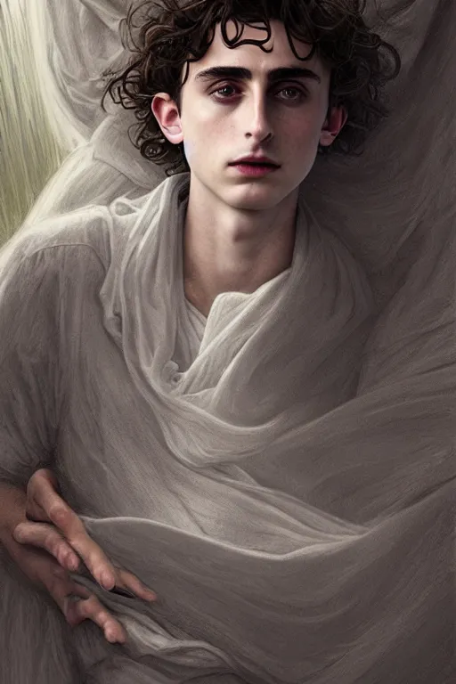 Image similar to portrait of timothee chalamet as dream of the endless, the sandman, grey clothes, in persian temple wet night, sci - fi and fantasy, intricate and very very beautiful and elegant, highly detailed, digital painting, artstation, concept art, smooth and sharp focus, illustration, art by tian zi and wlop and alphonse mucha