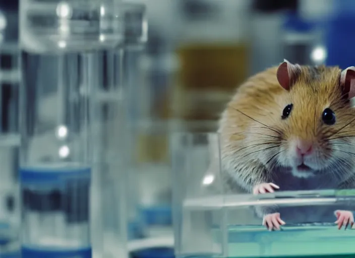 Image similar to film still of a hamster working in a research lab filling test tubes, 8 k