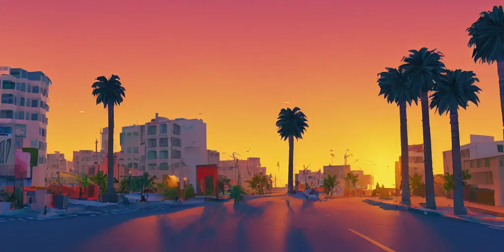 Prompt: sunset over the streets of tel aviv. colorful. highly detailed. palm trees. dogs. 8 k. artstation trending. low poly art