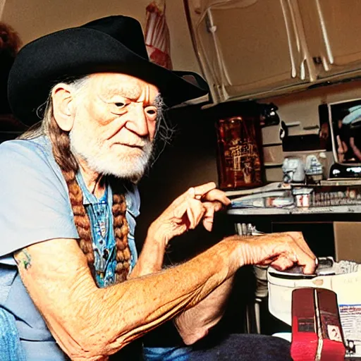 Image similar to willie nelson having a smoke in his trailer.