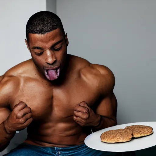 Prompt: photography of muscular black man eating biscuits