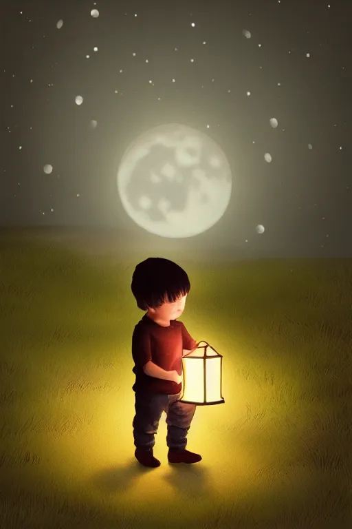 Prompt: a little boy carrying lantern at night, cute cat sits beside, photorealistic face and skin tones, dreamy moonlit nightscape by the garden, lake house, smooth, matte colors, trending on artstation, 4 k, 8 k