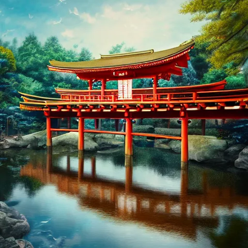 Image similar to japanese temple, bridge, waterside, digital art, irina french, heraldo ortega, mandy jurgens golden ratio,, award winning, masterpiece, trending on artstation, 8 k 1 5 0 mpx