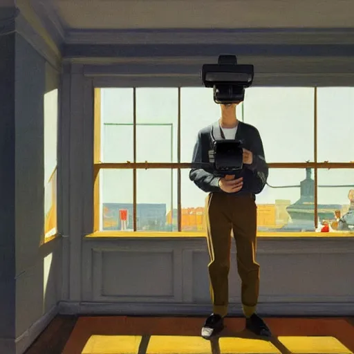 Image similar to A fine art painting of a man wearing Vr goggles dressed as a hypebeast and creating the metaverse at a desk through a window on a British street. In the style of Edward Hopper and Wes Anderson